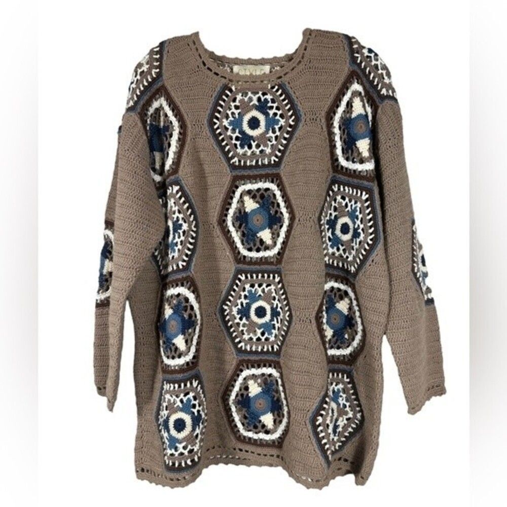 Style NY Vintage Womens Sweater Size M Brown Muit Crochet Embroidered Handknit